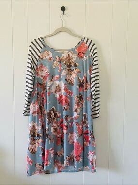 Floral Blue Midi Dress with Striped Raglan Sleeves